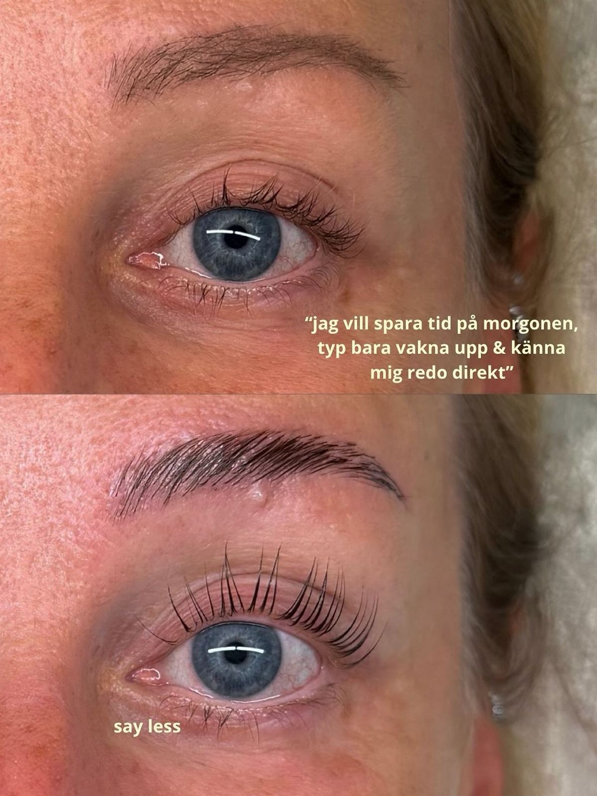 Före och efter koreansk lashlift och browlift